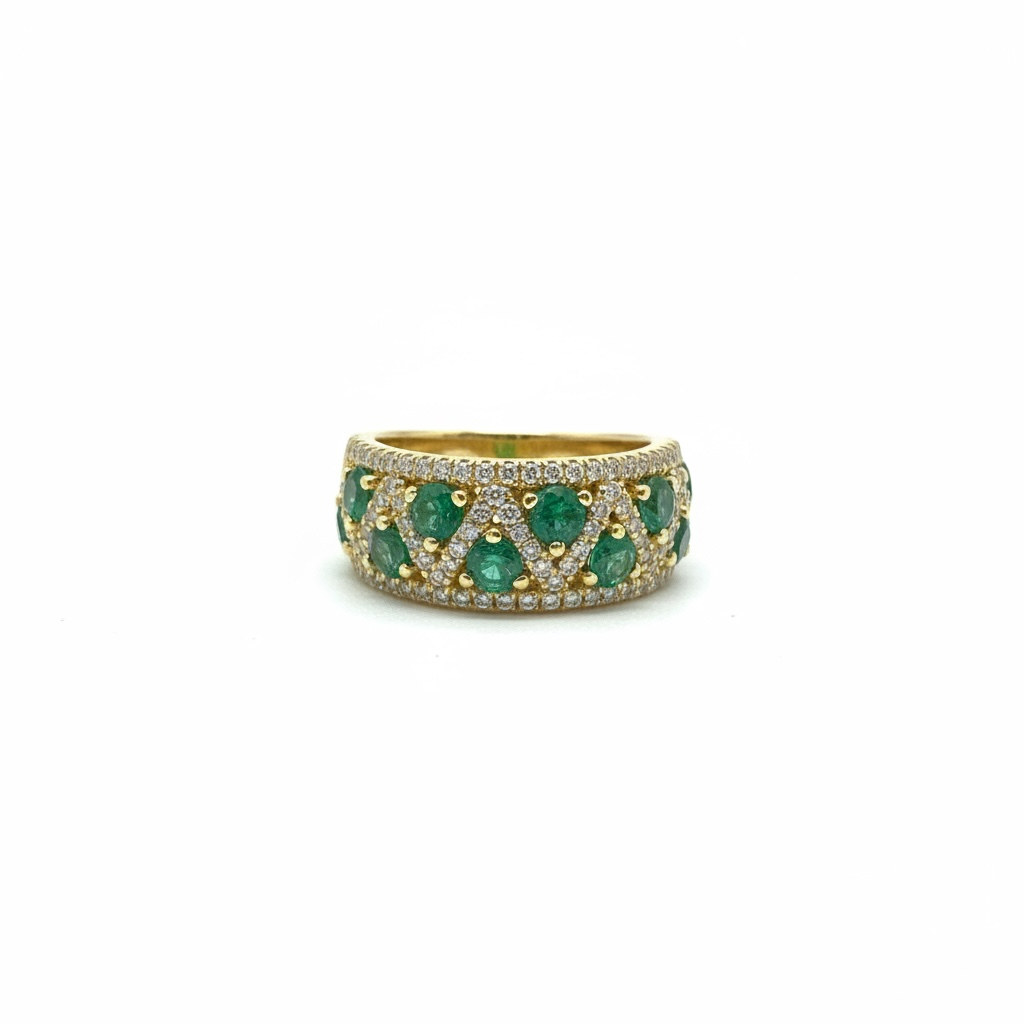 Anello a fascia in oro giallo con diamanti e smeraldi Giorgio Visconti