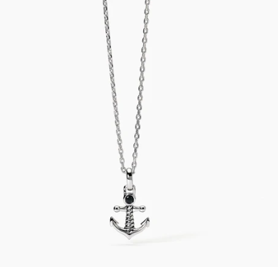 Collana da uomo in argento con ciondolo ancora e zircone nero NAVY RULE 553638