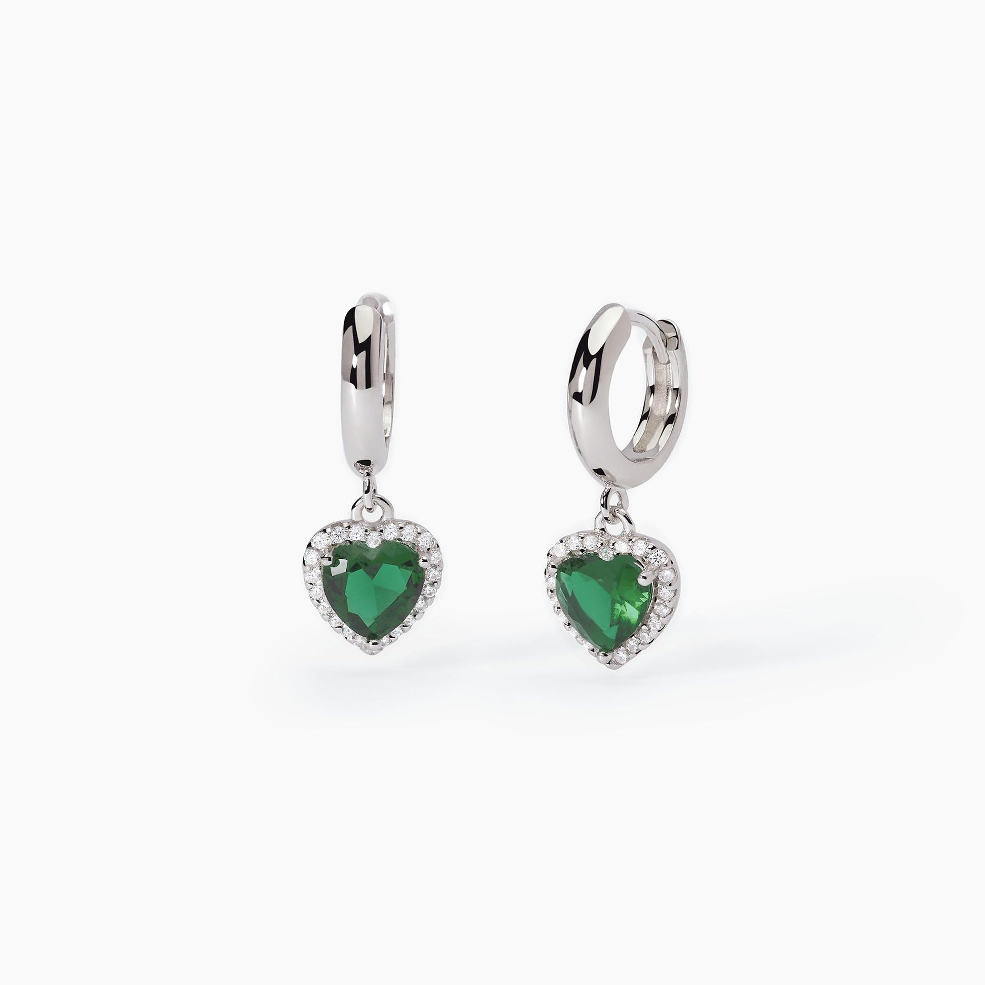 Orecchini in argento a cerchio con smeraldi sintetici taglio cuore LOVE AFFAIR 563651