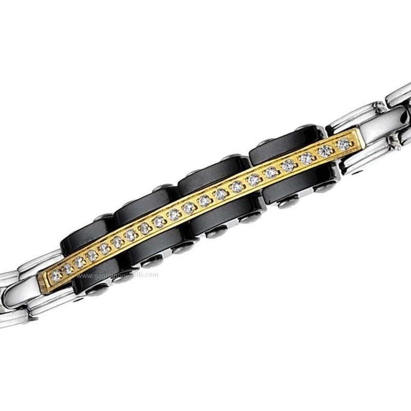 Bracciale uomo zancan, uhb050, collezione hi teck, in acciaio/acciaio nero/acciaio dorato con zirconi, lunghezza 22cm