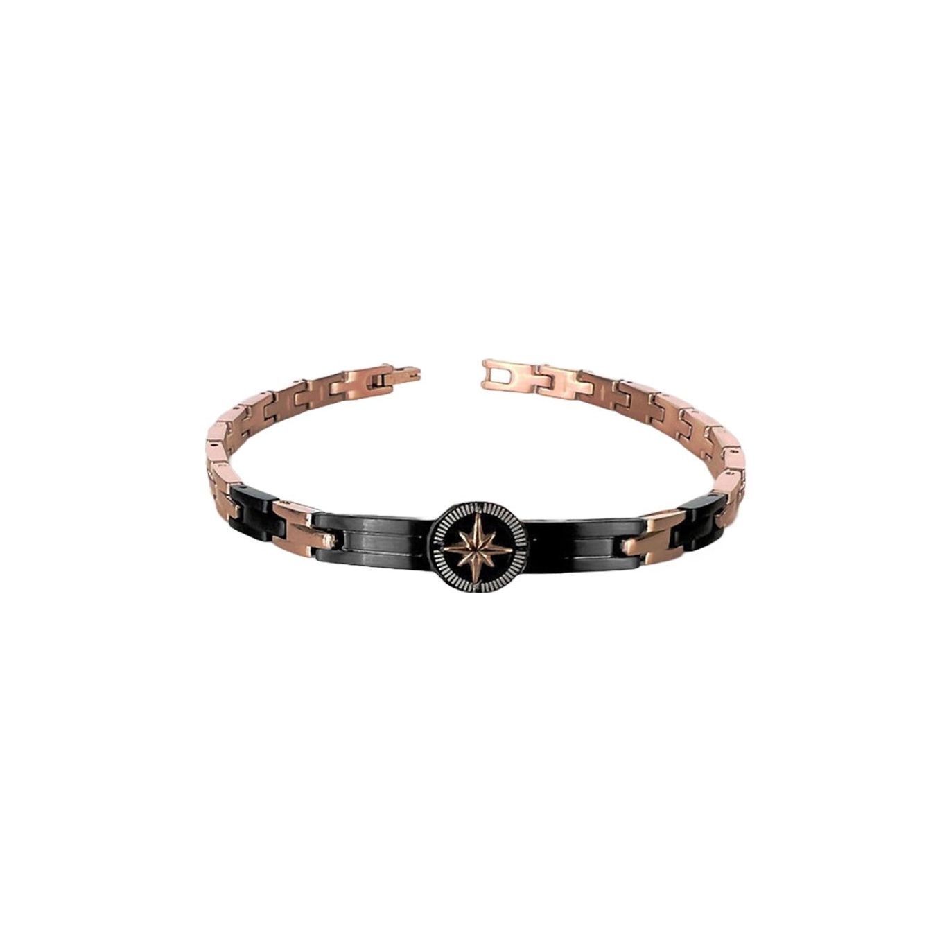 Bracciale da Uomo Zancan in acciaio con PVD nero, dettagli in PVD oro rosa, della collezione Hiteck  Gioiello realizzato in acciaio 316L anallergico con PVD nero Bracciale con maglia meccanica Targa centrale con rosa dei venti PVD nero e rosa  Lunghezza bracciale 21 cm con chiusura a scatto